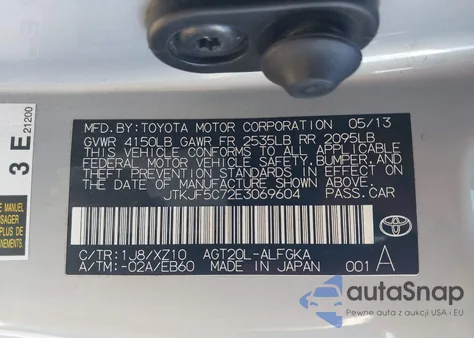 2014 Scion Tc 10 Series from USA, damaged, VIN JTKJF5C72E3069604